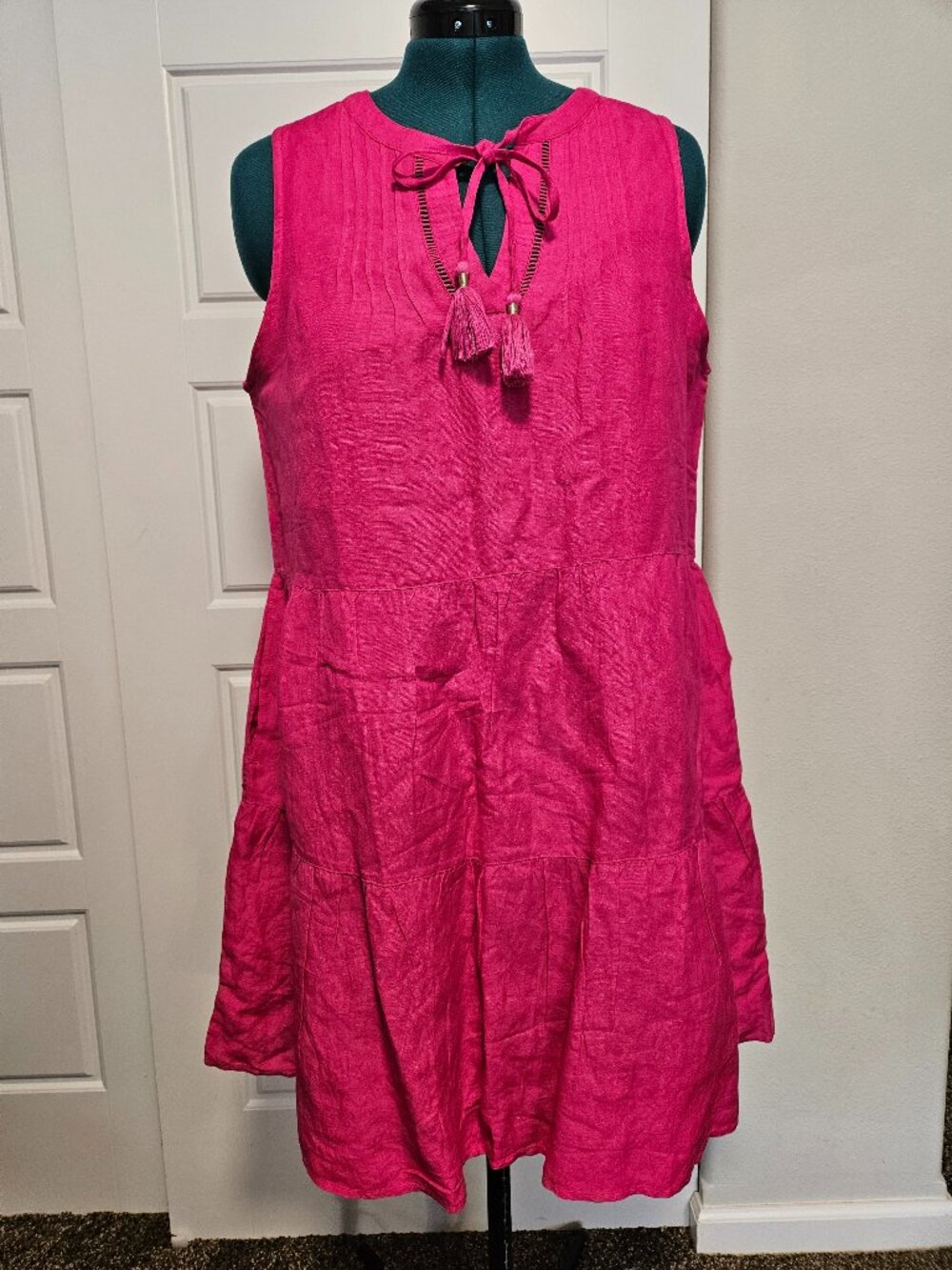 Tommy Bahama St Lucia Sleevless Tier Dress Split Neck Tassel Pink Maui XL